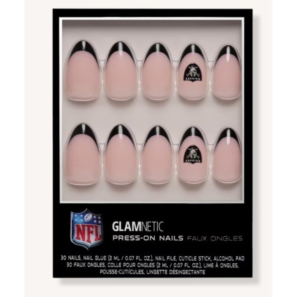 Glamnetic NFL Las Vegas Raiders Press On Nails Short Almond Black French Tip NEW